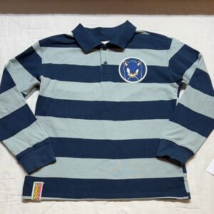 Sonic the Hedgehog Boys' Sage Green Navy Blue Striped Rugby Shirt Size Medium
